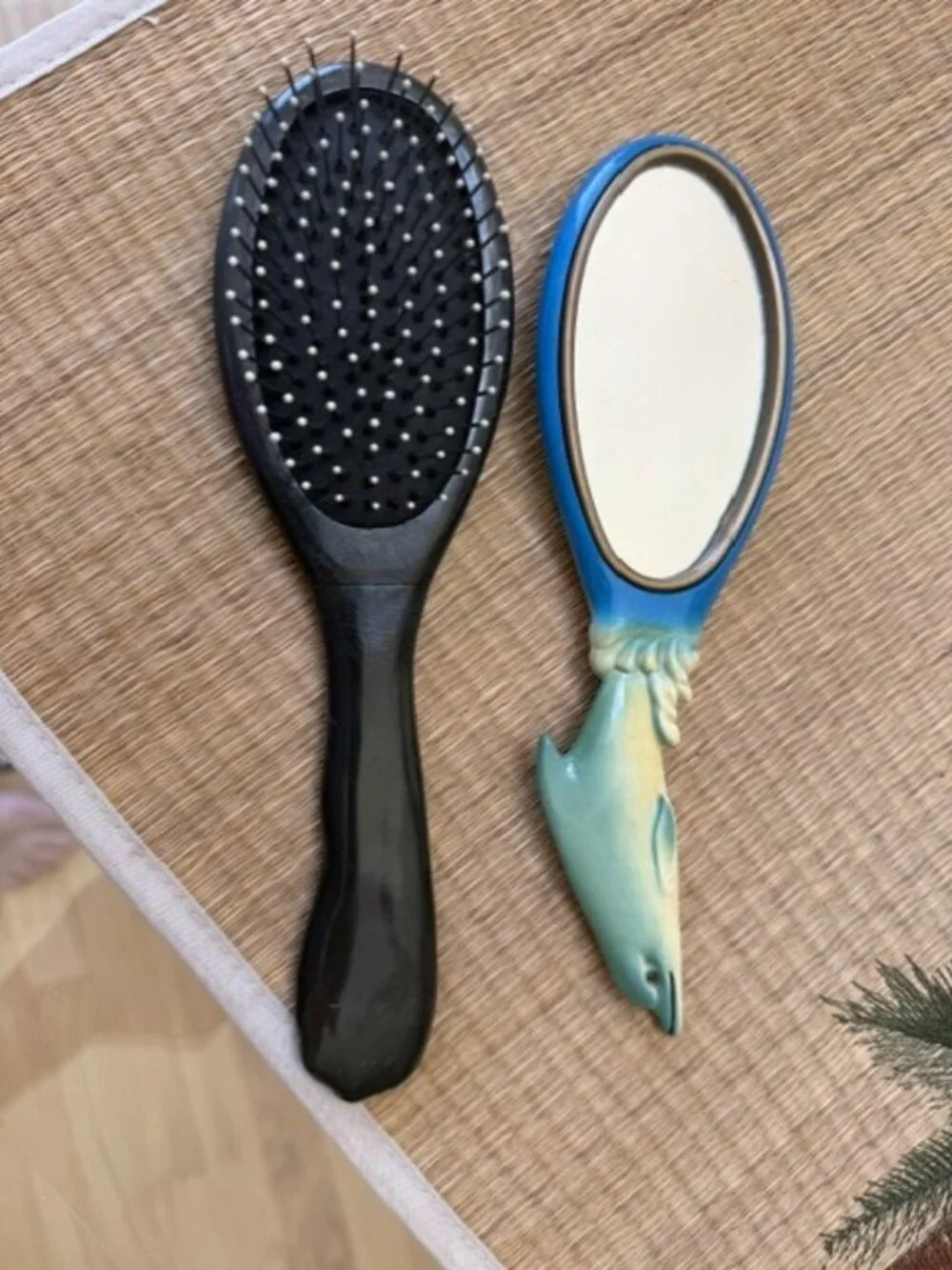 Hand Painted Art HairBrush Hand Mirror Blue Waves Dolphin Design pin brush
